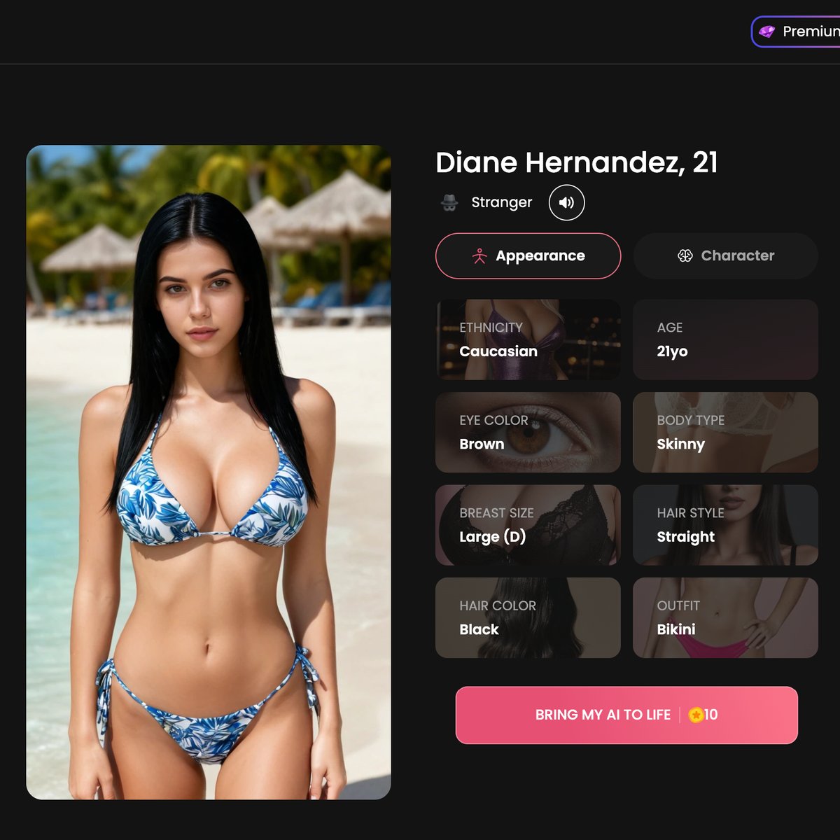 Candy AI character creator panel showing ethnicity, personality, voice, and body type options