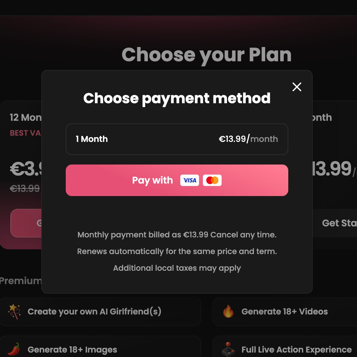 Candy AI pricing tiers on monthly billing — Basic, Standard, Premium