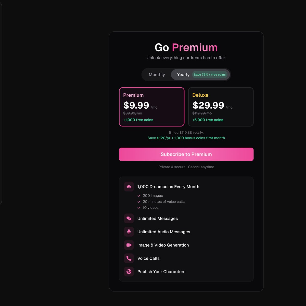 OurDream AI pricing showing Premium annual plan at $119.33 per year