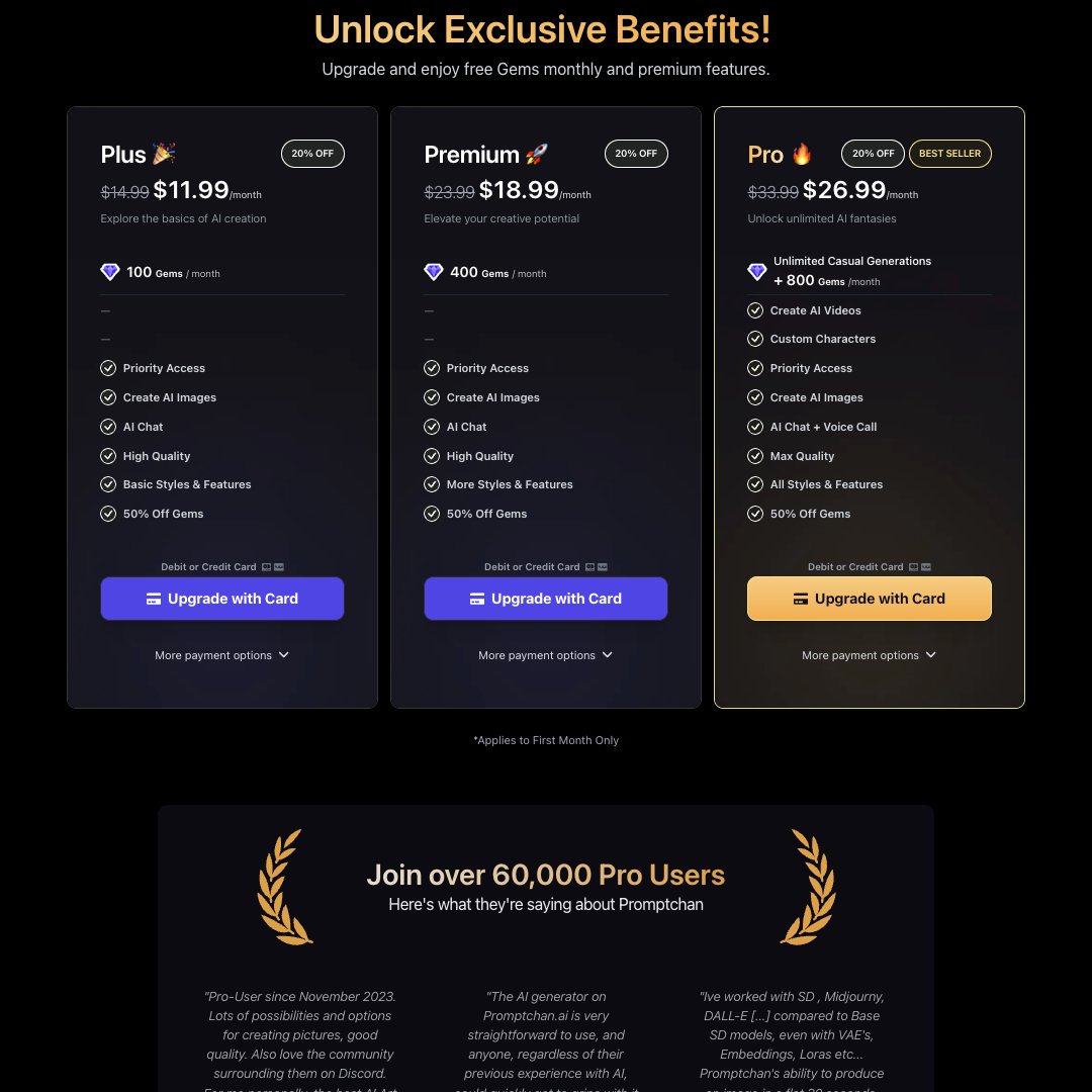PromptChan AI pricing tiers — Plus $14.99, Premium $23.99, Pro $33.99 per month