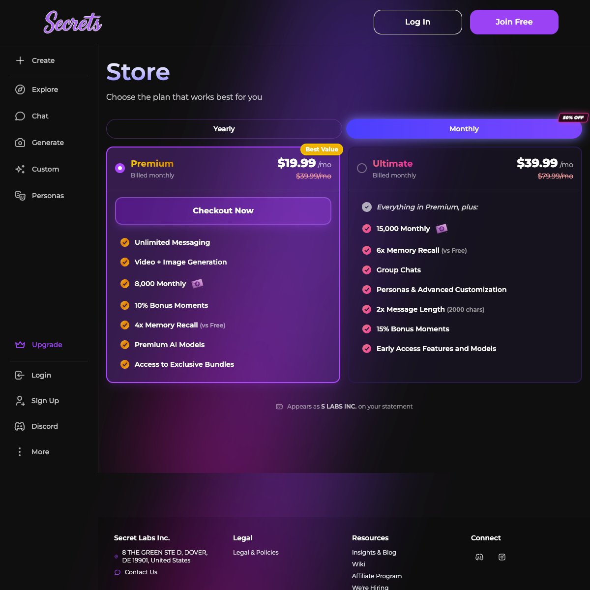 Secrets AI pricing page showing Premium and Ultimate tier options