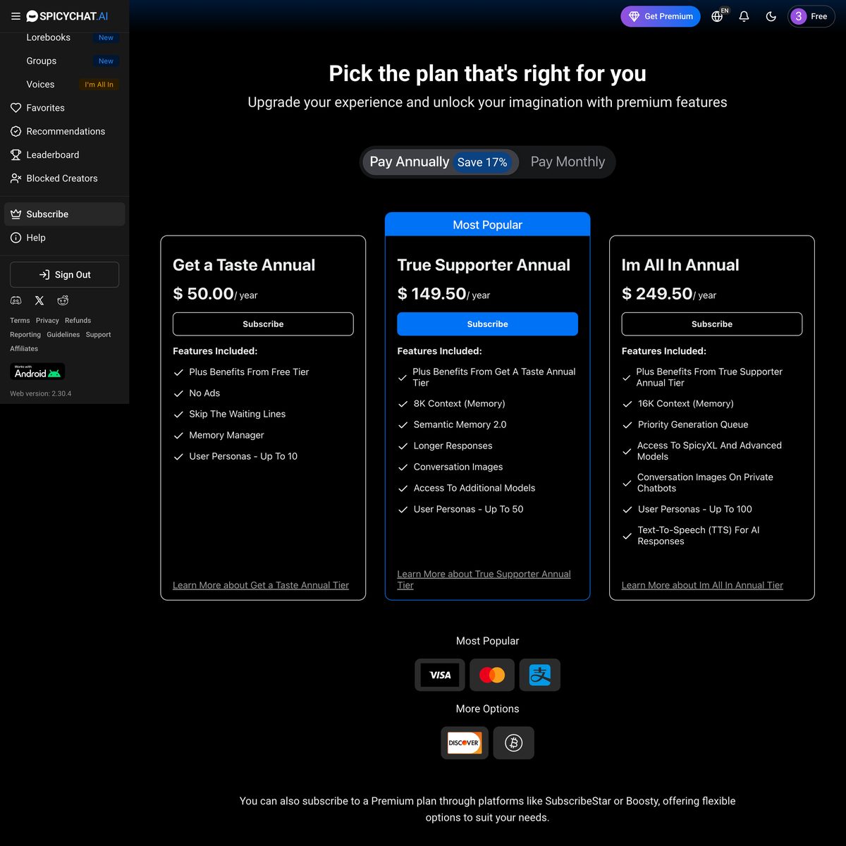 SpicyChat AI annual pricing page showing 17% discount on yearly subscription plans